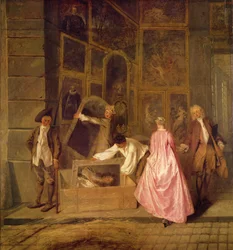 Lenseigne de Gersaint-detalj av den vänstra sektionen, 1720 olja på duk